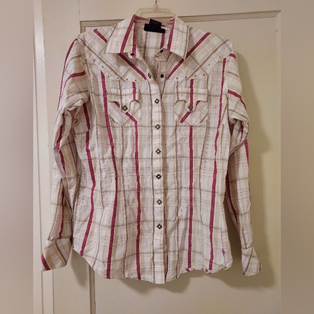 Ariat Button Up Shirt Womens Large Plaid Embroidered Western Rancher Wear